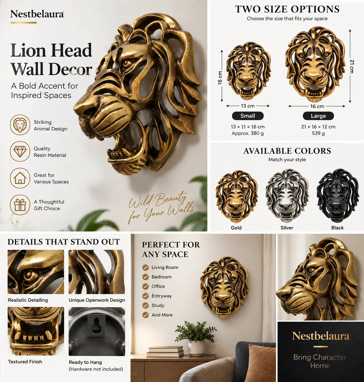 A promotional collage for a lion head wall decor piece by Nestbelaura, showing the product in a bronze/gold metallic finish, size options in two different scales, available color finishes (Gold, Silver, Black), and usage suggestions. The layout is clean and informative with text overlays and small inset photos of the product in use.