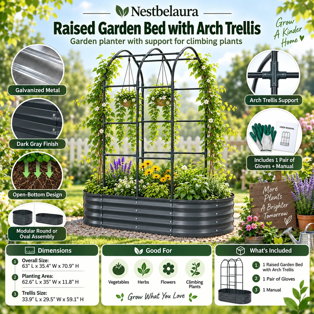 Nestbelaura Raised Garden Bed with Trellis – 63 x 35.4 x 70.9 In