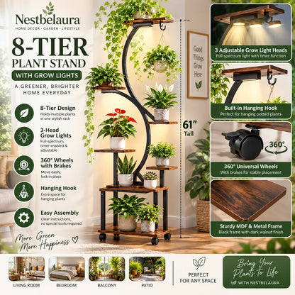 Nestbelaura Plant Stand with Grow Lights – 8-Tier MDF & Metal Rack