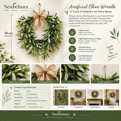 An infographic for the Nestbelaura Artificial Olive Wreath, showing the product with a hanging bow, dimensions, feature icons, close-up detail photos, product specifications, and usage suggestions in a home setting.