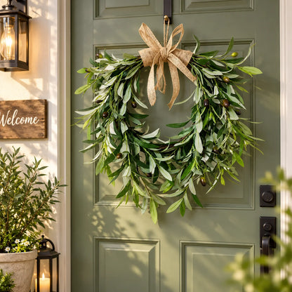 A green leafy wreath with a burlap bow and small olive accents hangs on a muted green front door. The scene includes a lantern, a wooden 'Welcome' sign, and potted plants, suggesting a real home entryway environment.