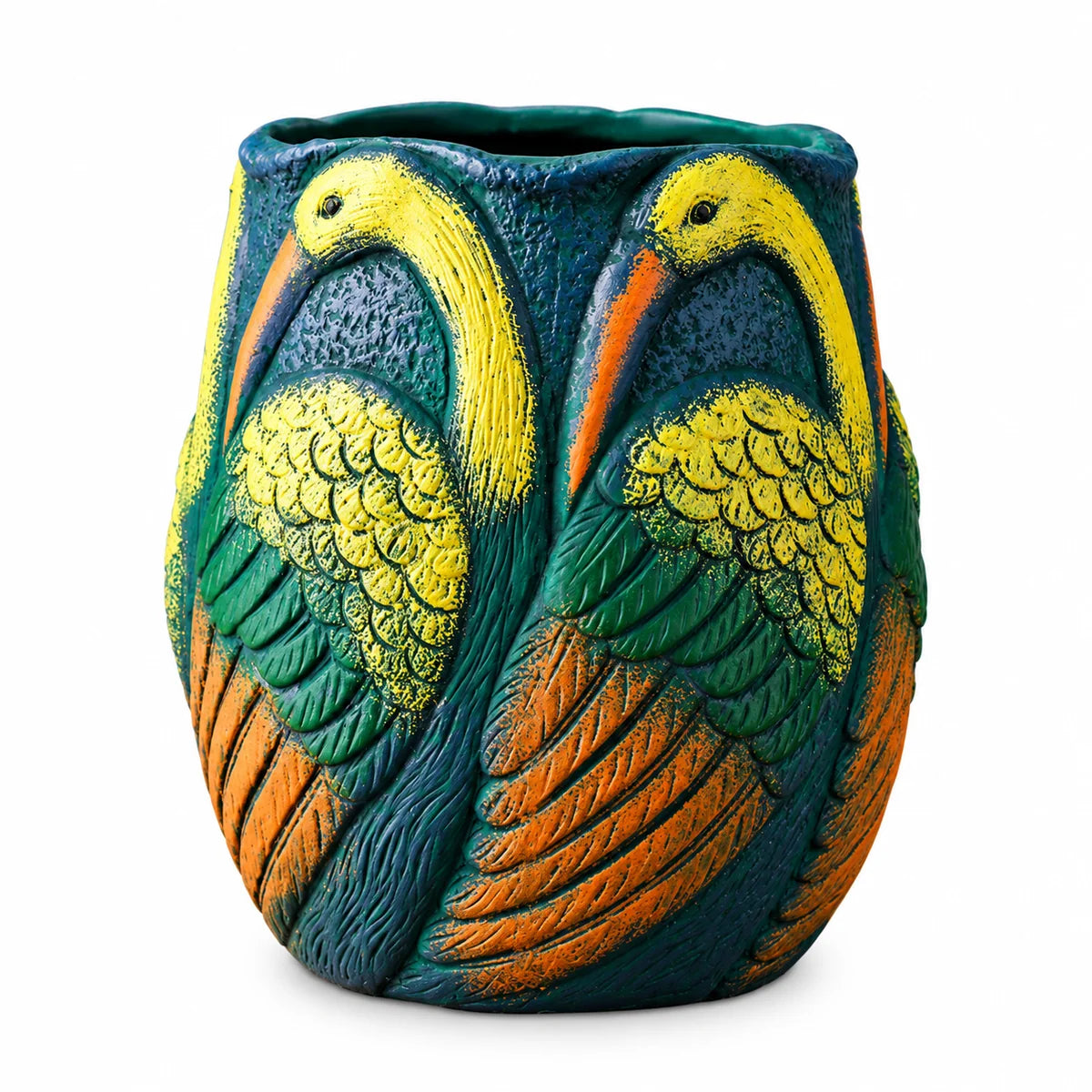 A decorative ceramic planter shaped like two stylized birds facing each other, featuring textured yellow, green, and orange details on a dark teal background, shown against a plain white background.