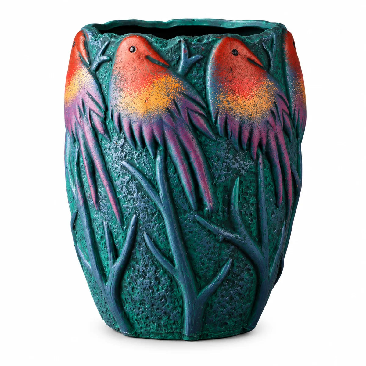 A decorative ceramic planter shaped like a textured green tree trunk with three stylized birds perched on top, featuring a vibrant orange and red gradient on their heads and purple feathers, set against a plain white background.