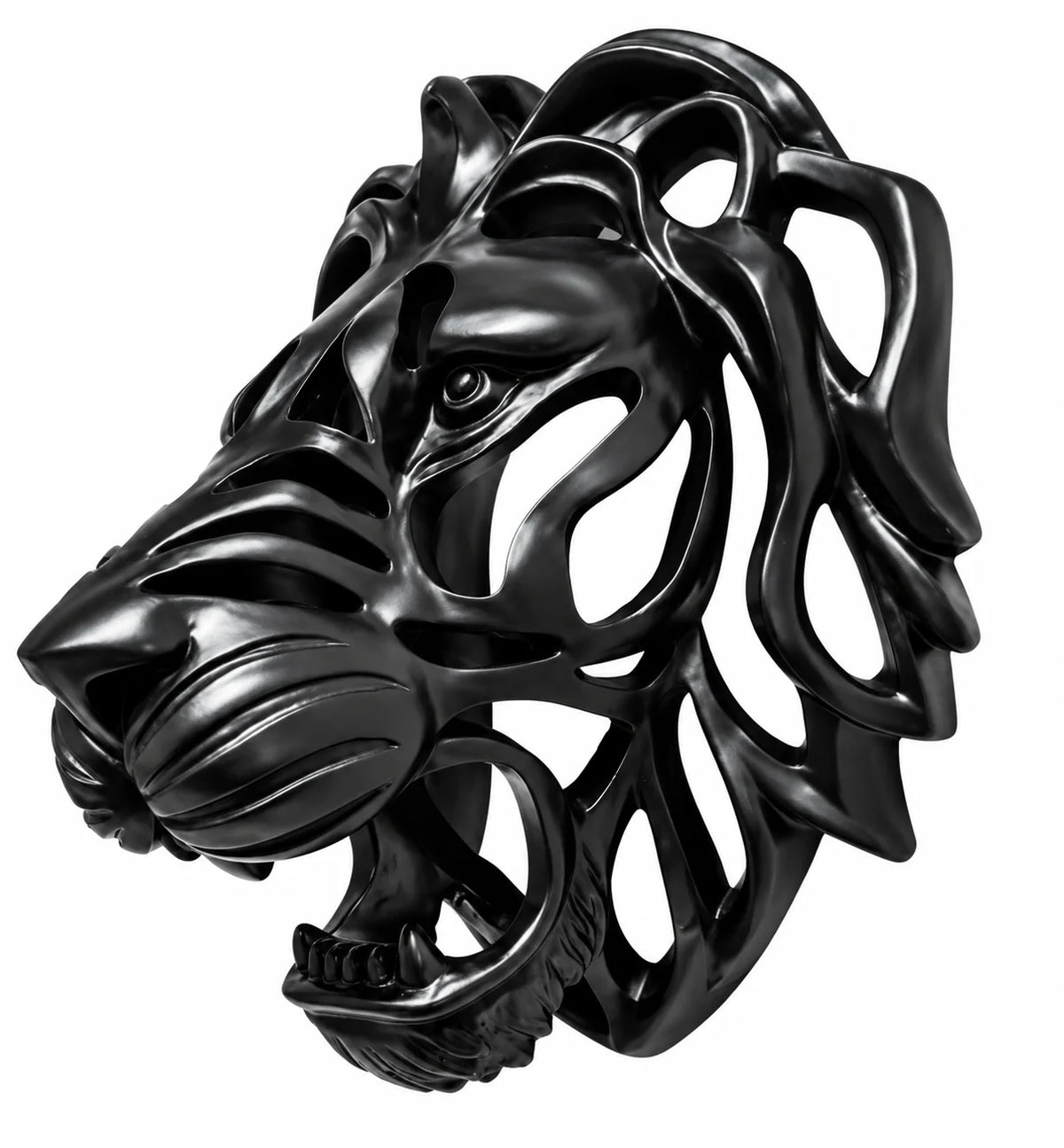 A glossy black lion head wall sculpture with an openwork, geometric design, shown against a plain white background.