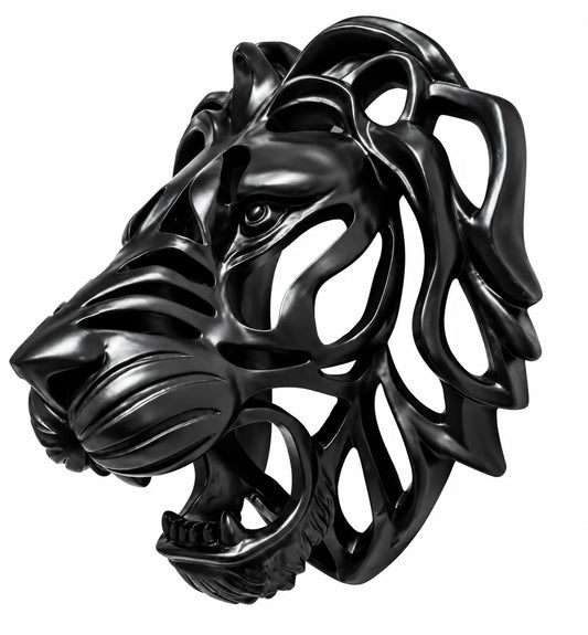 A glossy black lion head wall sculpture with an openwork, geometric design, shown against a plain white background.