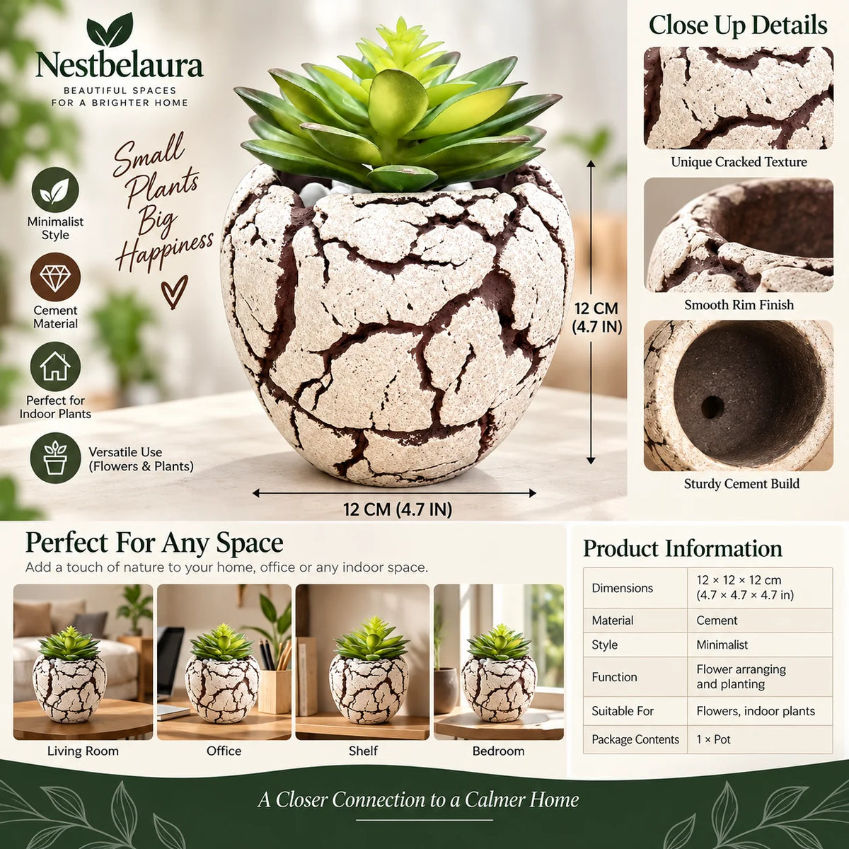 A Nestbelaura faux succulent in a decorative cracked concrete pot, shown with multiple informational panels detailing its dimensions, texture, and use cases.