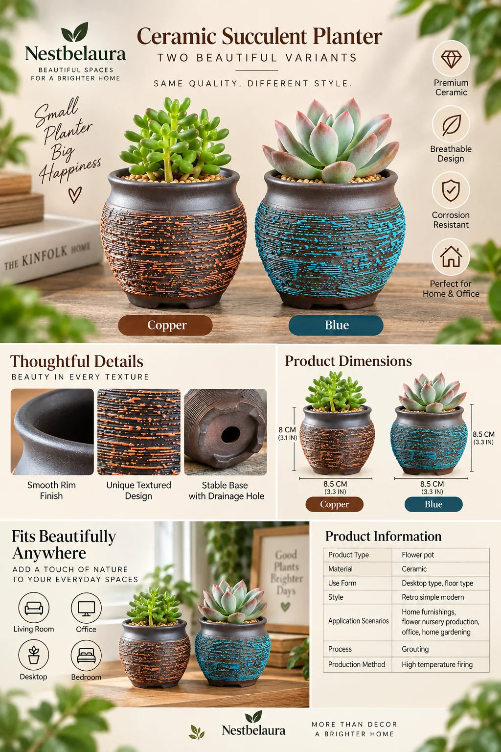 Nestbelaura Ceramic Planter – Succulent Pot for Home & Office