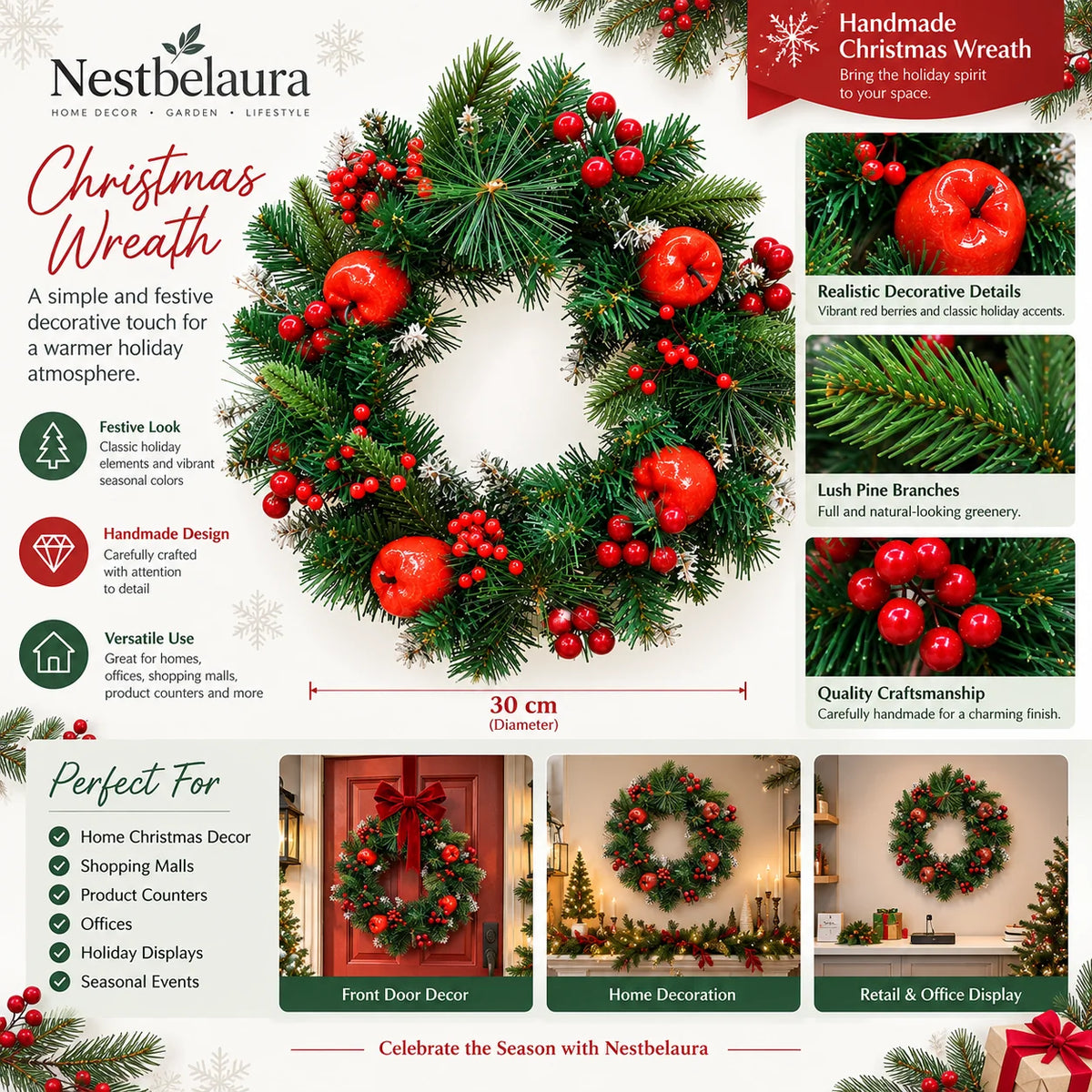 A festive Christmas wreath made of pine branches with red berries, shown on a branded Nestbelaura holiday marketing graphic with feature callouts, size information, and usage examples.