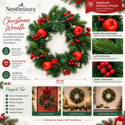 A festive Christmas wreath made of pine branches with red berries, shown on a branded Nestbelaura holiday marketing graphic with feature callouts, size information, and usage examples.
