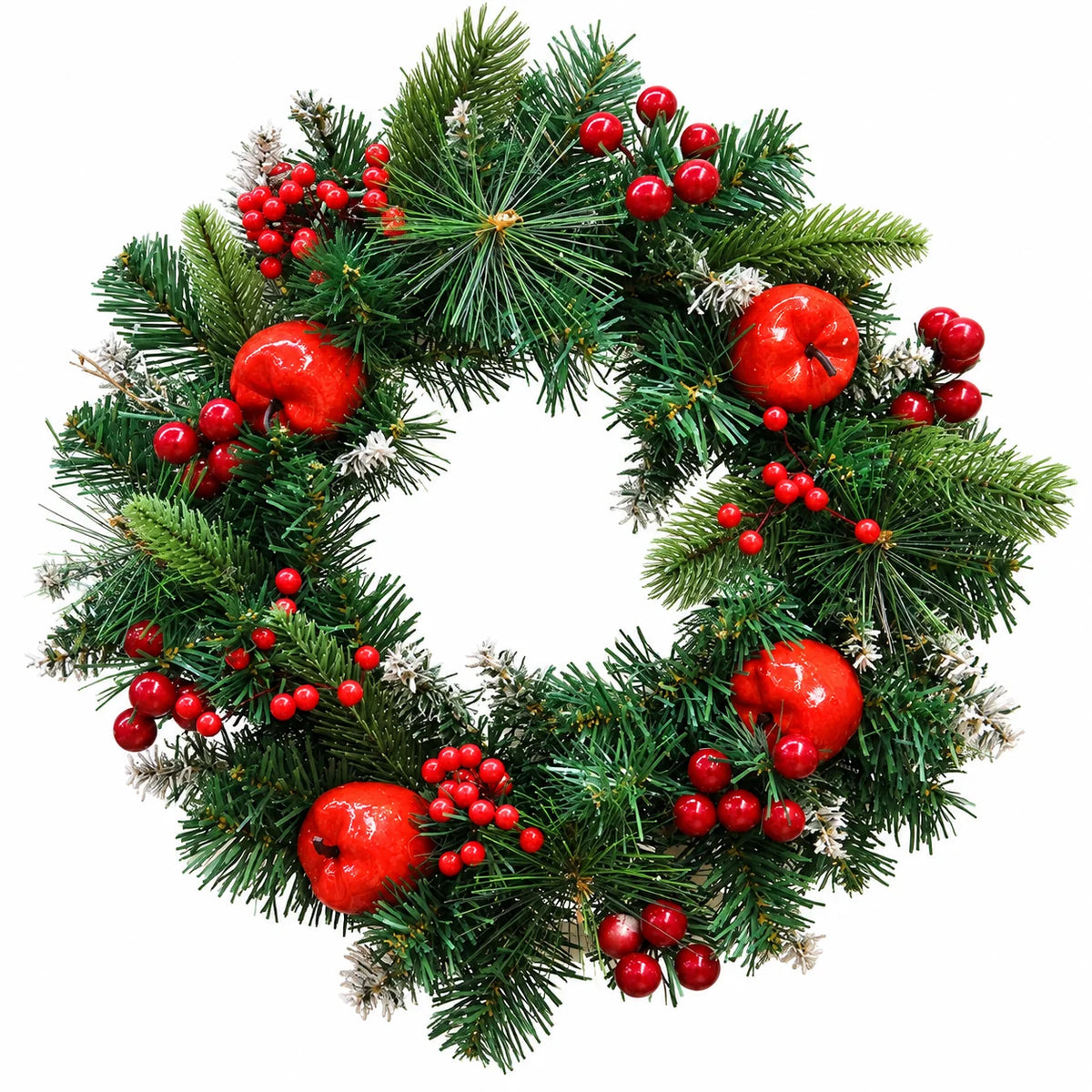 A festive Christmas wreath featuring green pine and fir branches, glossy red apples, and clusters of red berries, isolated on a white background.