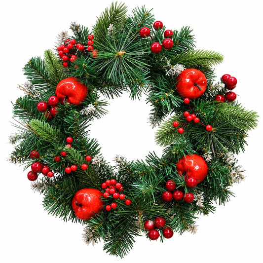 A festive Christmas wreath featuring green pine and fir branches, glossy red apples, and clusters of red berries, isolated on a white background.