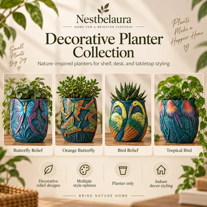Promotional graphic for the Nestbelaura Decorative Planter Collection, showing four colorful relief planters: Butterfly Relief, Orange Butterfly, Bird Relief, and Tropical Bird, each styled with green plants on a wooden surface against a warm beige background with leaf graphics.