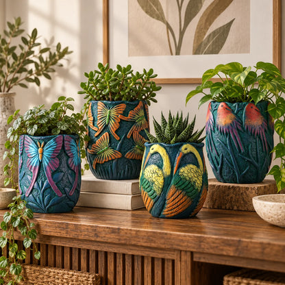 Three decorative ceramic planters with colorful bird and butterfly motifs, each holding a green succulent, arranged on a wooden console table in a styled interior setting.