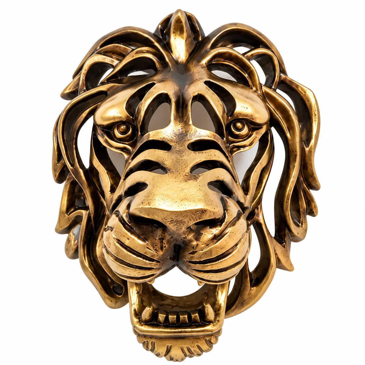 A gold-toned lion head wall art piece with an open, sculptural design and no visible animal or real environment, photographed against a plain white background.