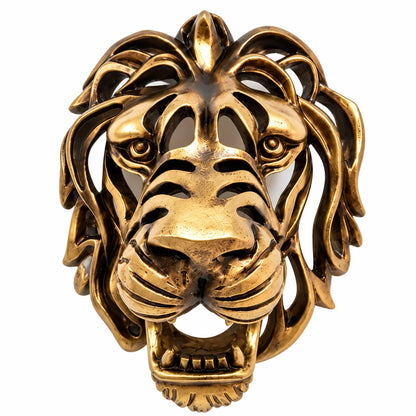 A gold-toned lion head wall art piece with an open, sculptural design and no visible animal or real environment, photographed against a plain white background.