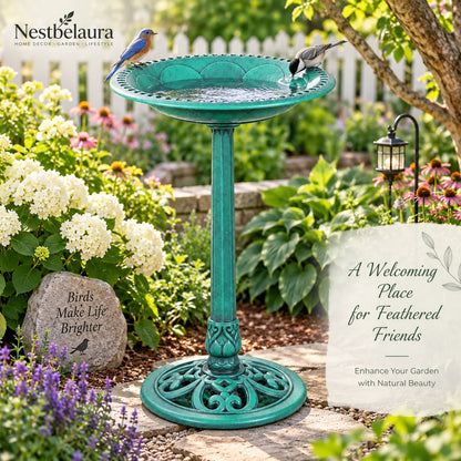 A teal green metal bird bath with a pedestal stand and decorative base, set in a garden with flowers, a small bird perched on the rim, and promotional text overlays.
