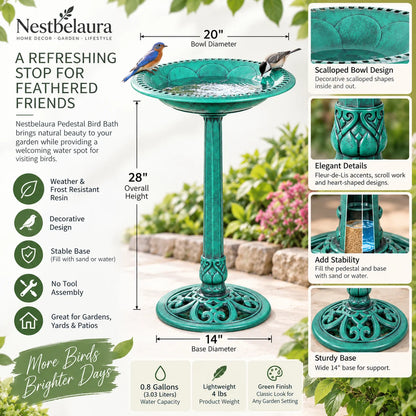 Nestbelaura Pedestal Bird Bath – 20 x 28 In Green Resin for Garden