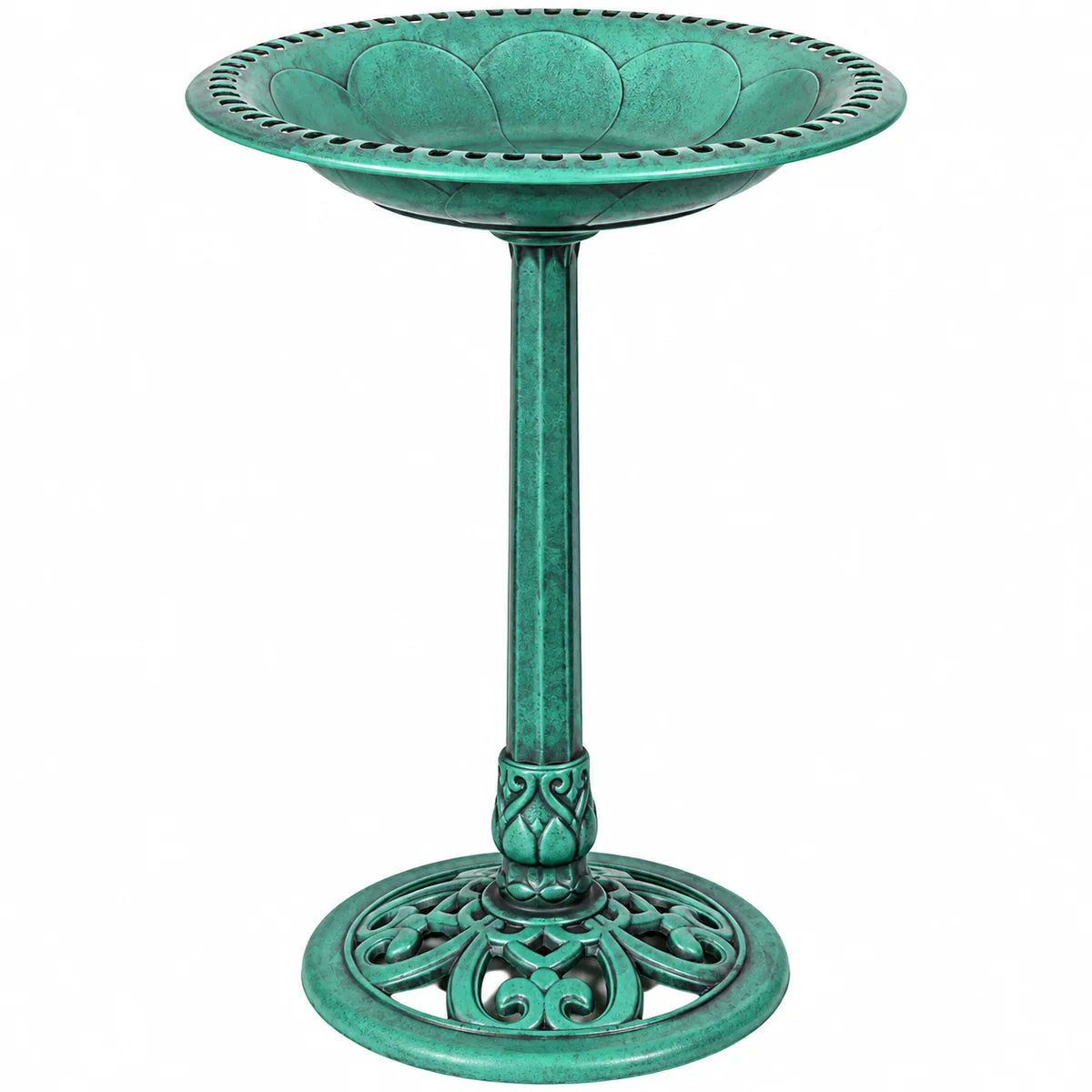 A green metal pedestal bird bath with a scalloped rim, decorative filigree base, and textured finish, shown on a plain white background.