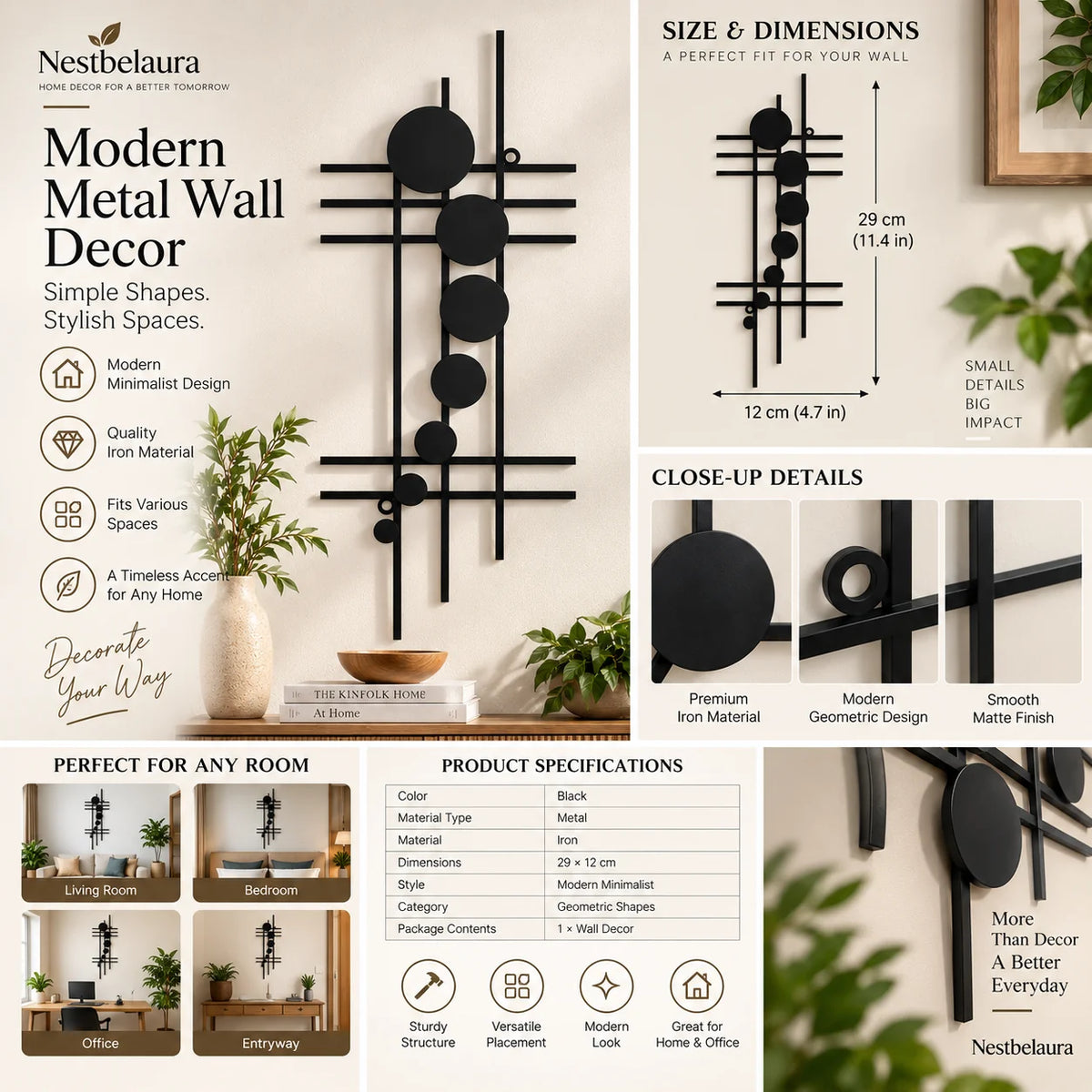 A product information collage for the Nestbelaura Modern Metal Wall Decor. The image features the black metal wall hanging in multiple views, including a full wall view, a size and dimensions chart (29 cm by 12 cm), a close-up detail of the geometric design, and several lifestyle images showing it styled in living rooms, bedrooms, offices, and entryways.