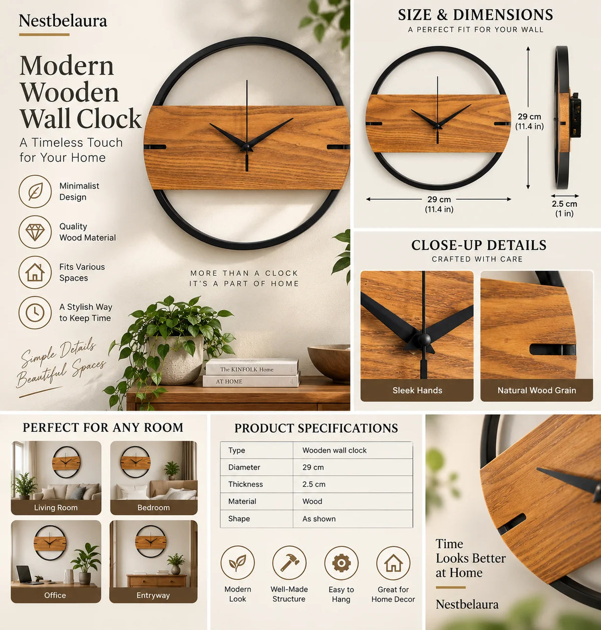 Nestbelaura Wooden Wall Clock – 29 cm Modern Wood Home Decor