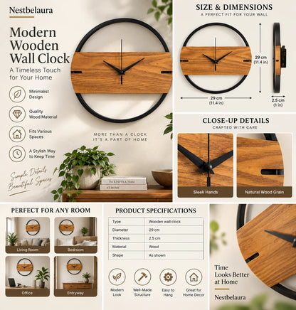 Nestbelaura Wooden Wall Clock – 29 cm Modern Wood Home Decor
