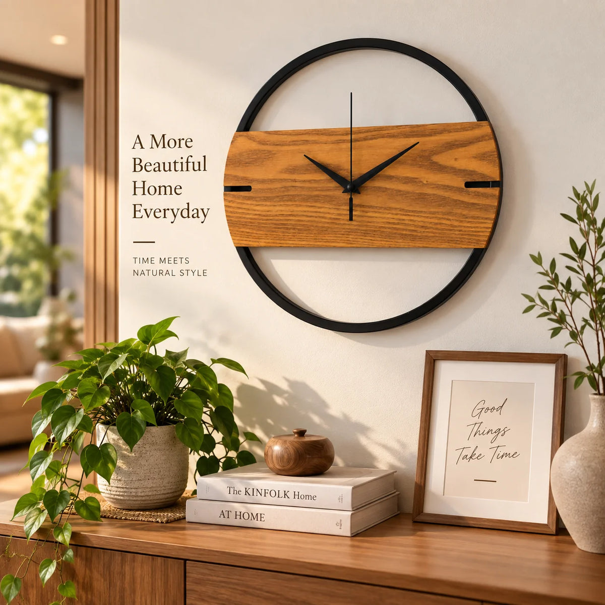 A round wall clock with a natural wood center panel and black metal frame, mounted on a beige wall in a styled home interior. The scene includes a wooden console table, potted green plants, stacked books, a small wooden bowl, and a framed art print with the text 'Good Things Take Time.