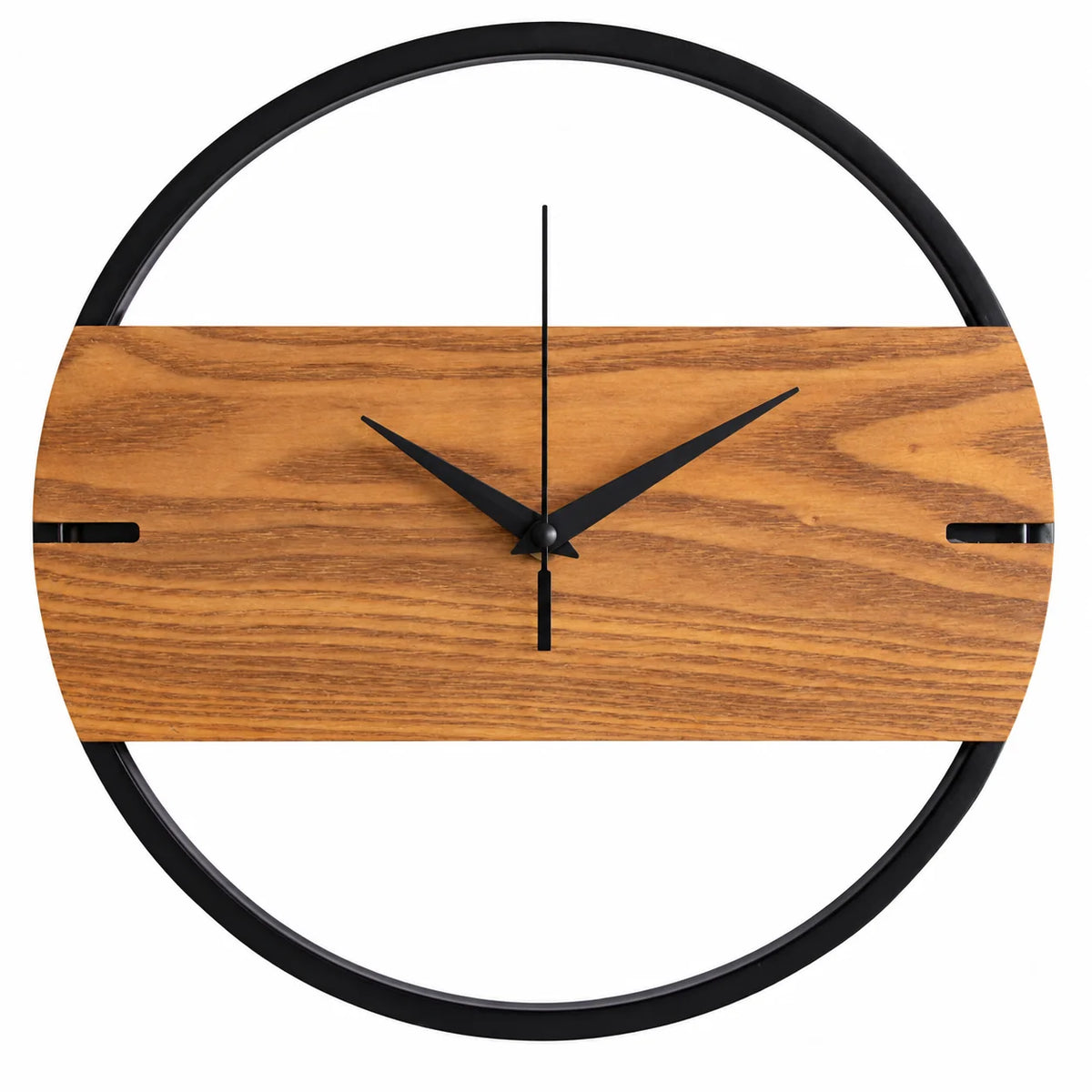 A modern wall clock with a curved wooden face and a circular black metal frame, shown against a plain white background.