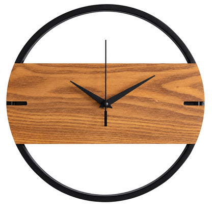 A modern wall clock with a curved wooden face and a circular black metal frame, shown against a plain white background.