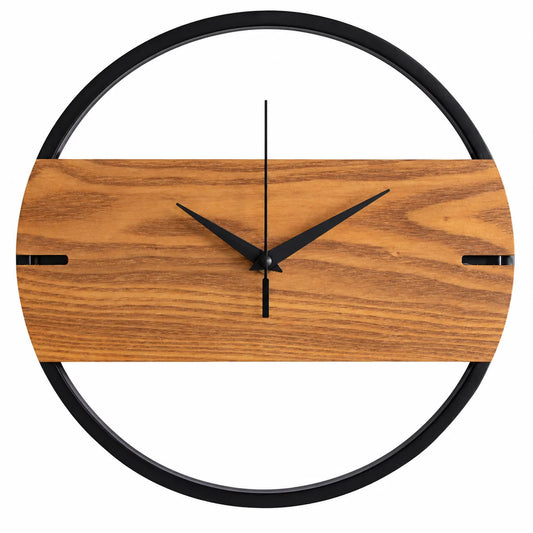 A modern wall clock with a curved wooden face and a circular black metal frame, shown against a plain white background.