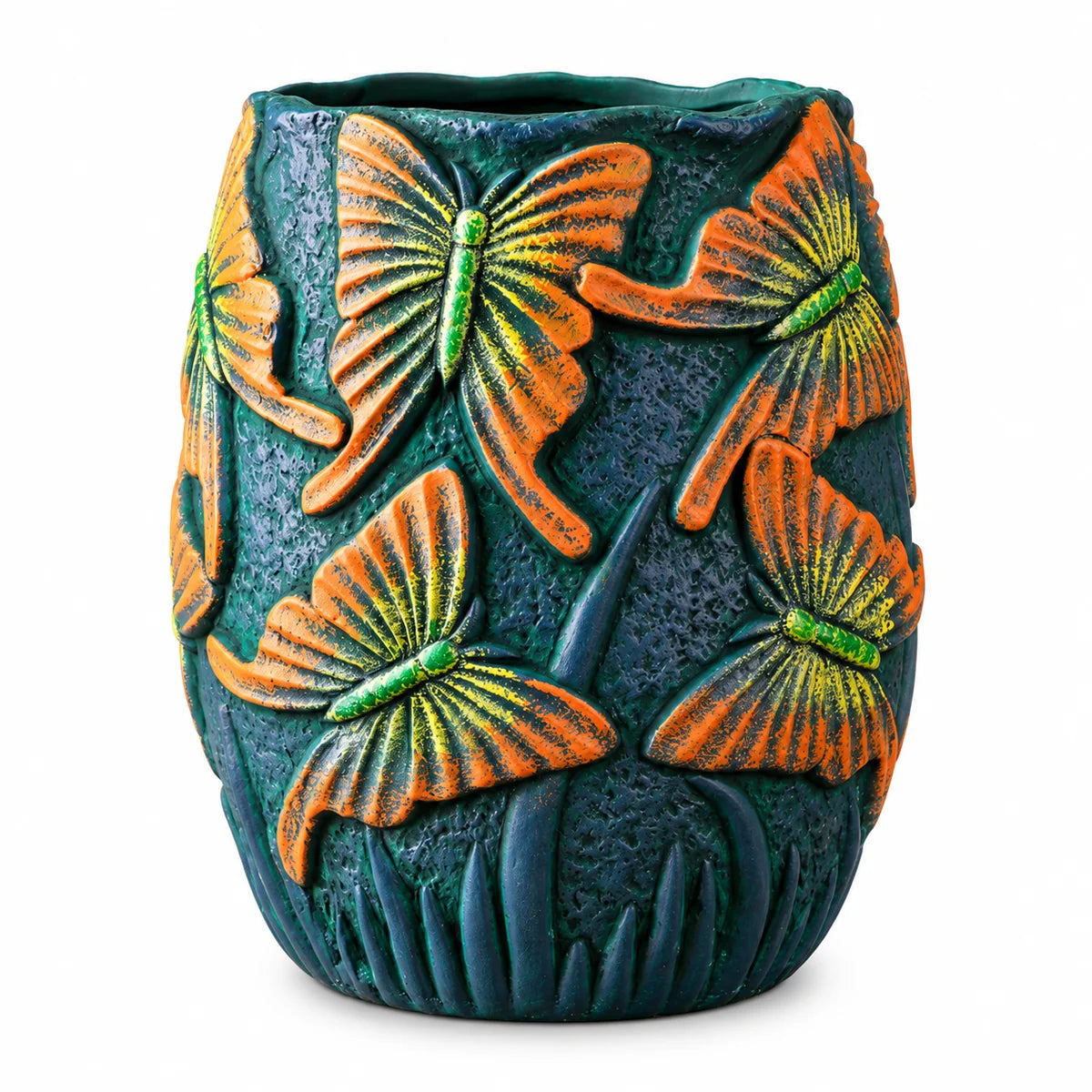 A dark teal textured ceramic planter or candle holder featuring raised orange butterflies with green accents, set against a plain white background.
