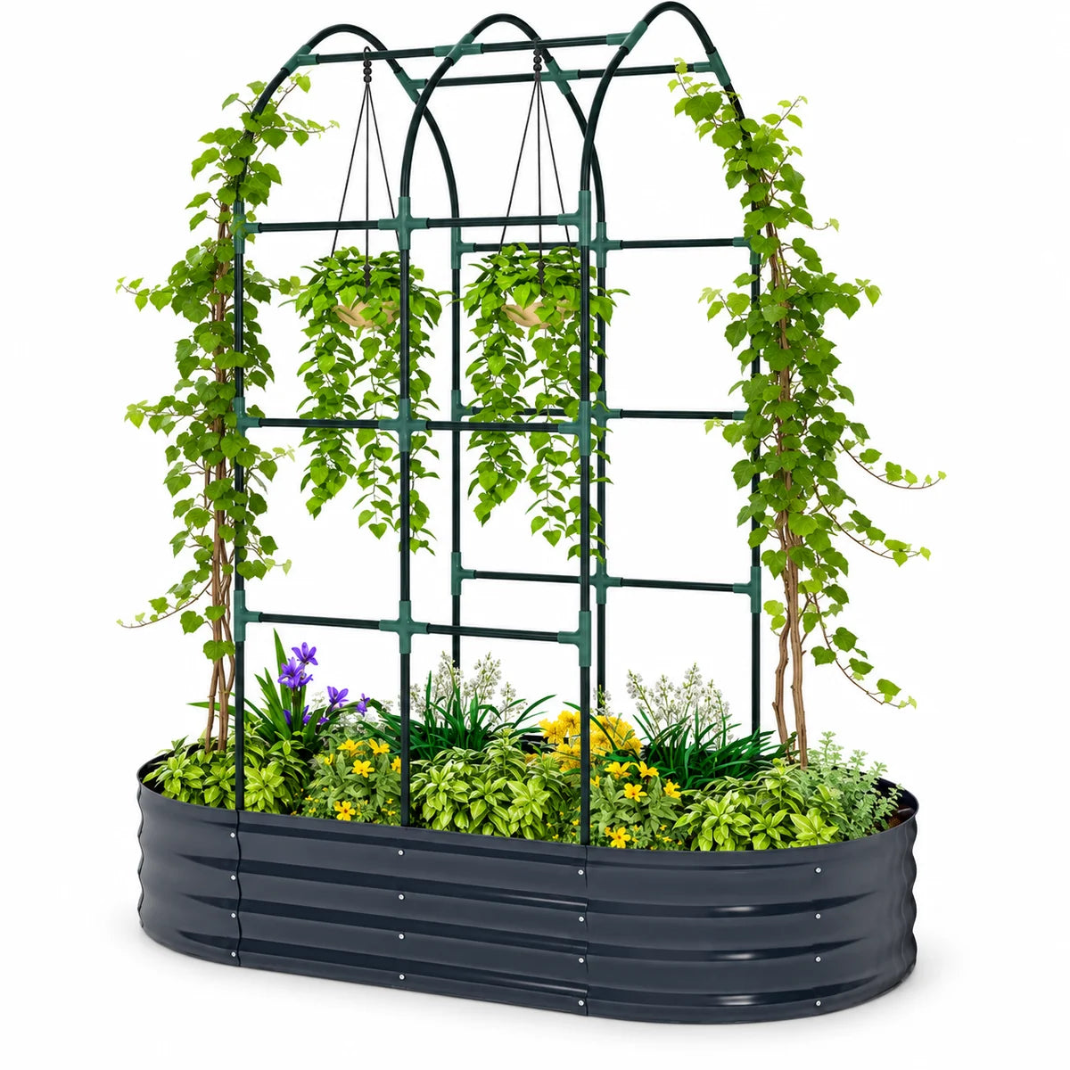 A large oval raised garden bed with a dark gray metal finish, topped with a green arched trellis frame. The garden bed is filled with green leafy plants, yellow flowers, and a few purple blossoms.
