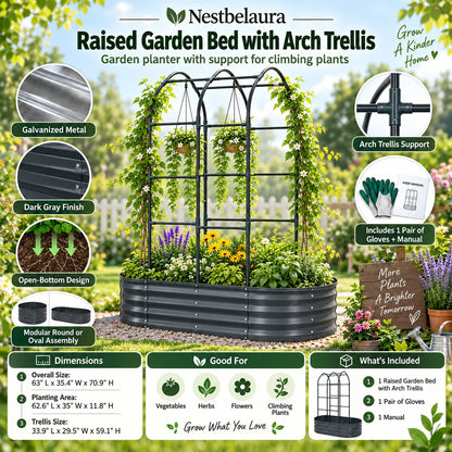 Nestbelaura Raised Garden Bed with Trellis – 63 x 35.4 x 70.9 In