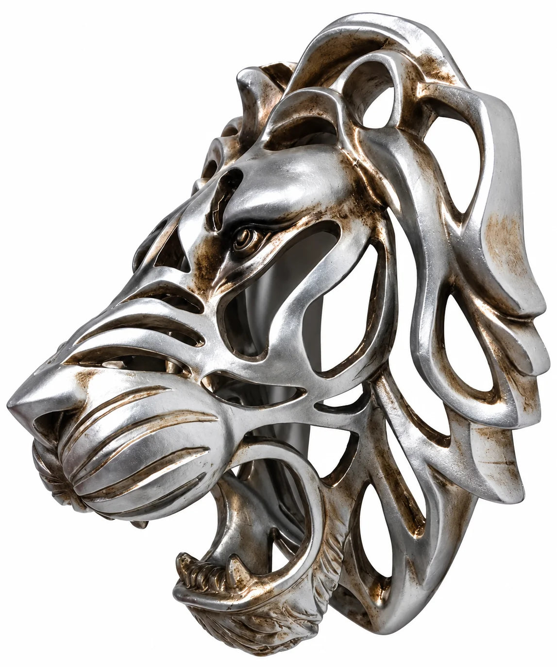 A silver-toned metal lion head sculpture with an openwork, filigree design and weathered bronze-brown patina highlights, shown on a plain white background.