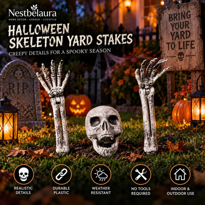 Halloween yard stake set featuring a skull centerpiece and two skeletal hands reaching upward, displayed in a spooky outdoor yard scene with tombstones, lanterns, pumpkins, and a wooden sign. Brand text 'Nestbelaura' and product title 'Halloween Skeleton Yard Stakes' appear prominently, with feature icons along the bottom.