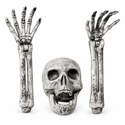 A Halloween decoration set featuring a realistic skull in the center, flanked by two raised skeleton hands and forearm bones, all shown on a plain white background.