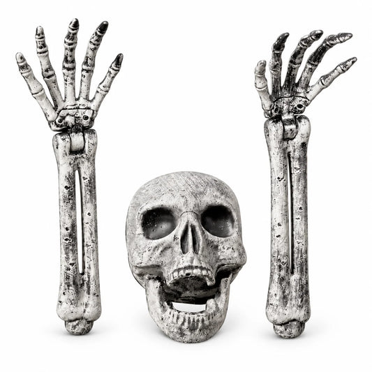 A Halloween decoration set featuring a realistic skull in the center, flanked by two raised skeleton hands and forearm bones, all shown on a plain white background.